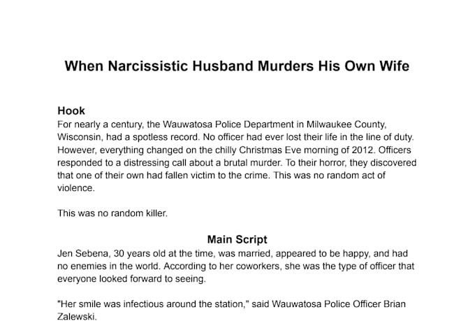 research and write a true crime script for your channel